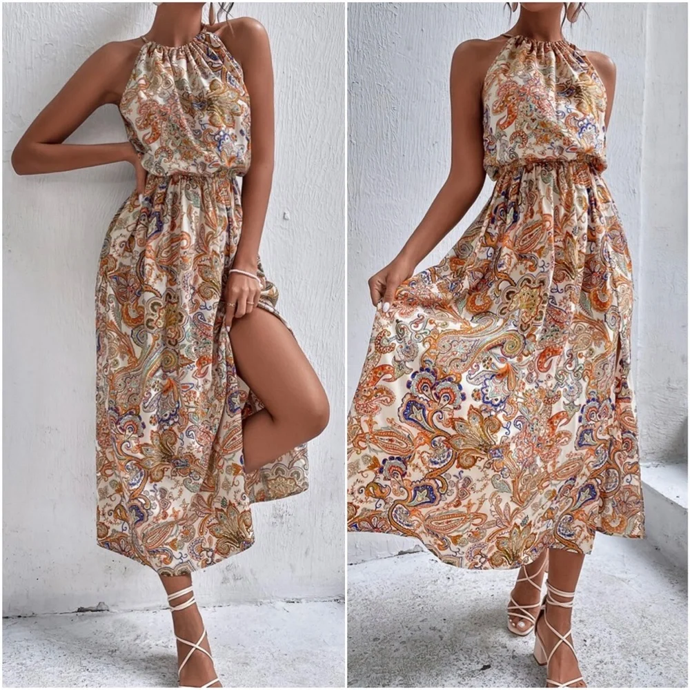Boho Paisley Floral Print Halter Maxi Dress - Picture 2 of 3